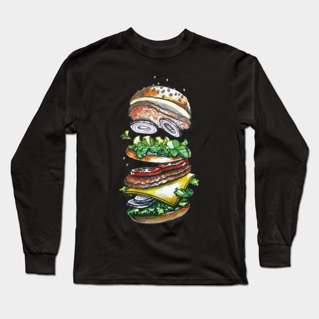 hand watercolour drawing «a hamburger thrown into the air» Long Sleeve T-Shirt by LsK House